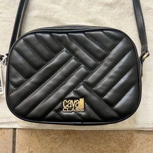 NWT Cavalli Class Marzia Black leather Quilted camera Crossbody Bag